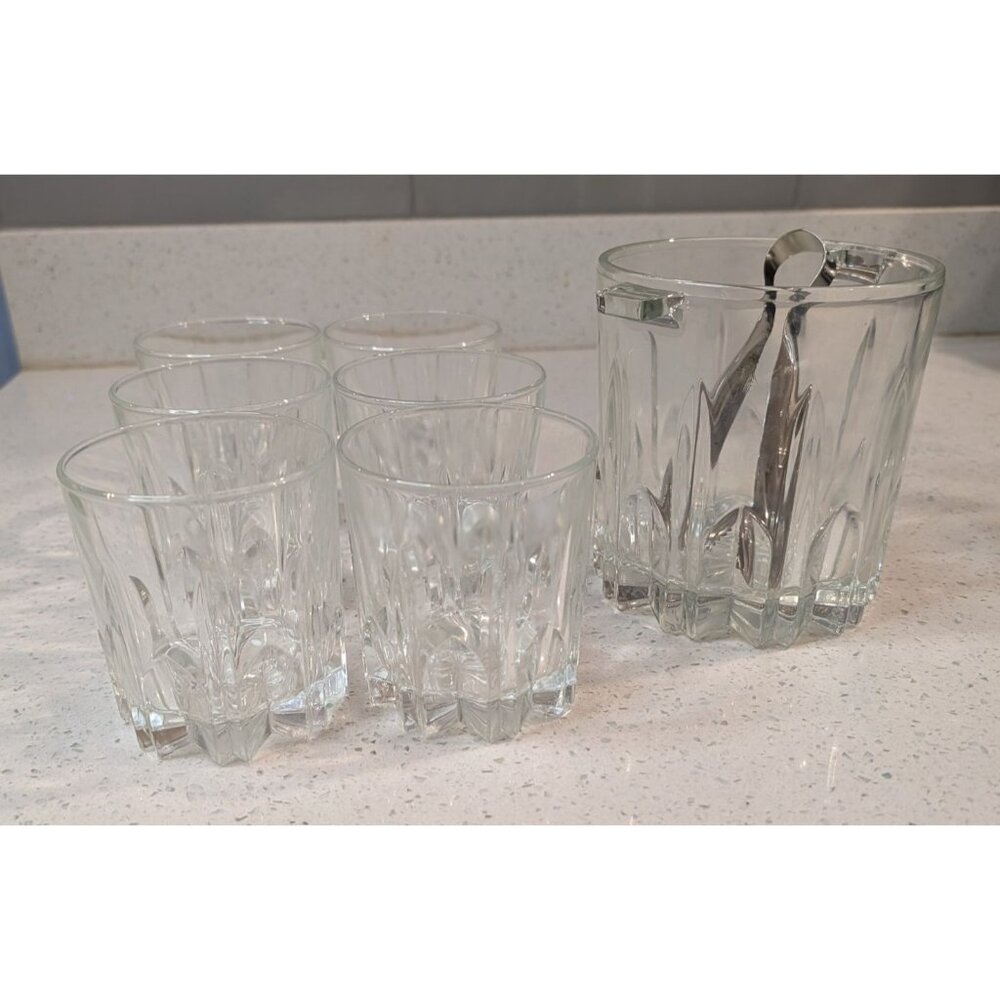 Clear Glass Ice Bucket Set 6 Glasses Italy-Made Tongs - Picture 7 of 16